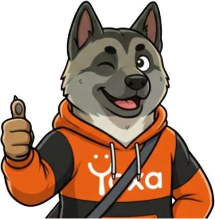 Max, la mascota de Yaxa, con el pulgar arriba